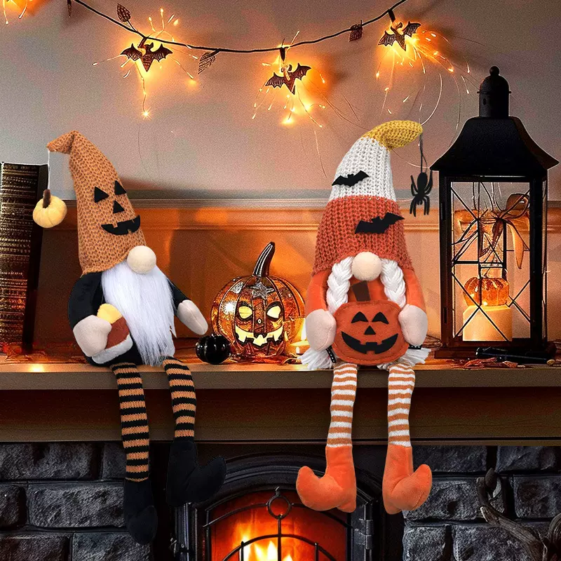 跨境新款万圣节长腿无脸娃娃侏儒扫帚地精公仔创意摆件装饰品尖帽