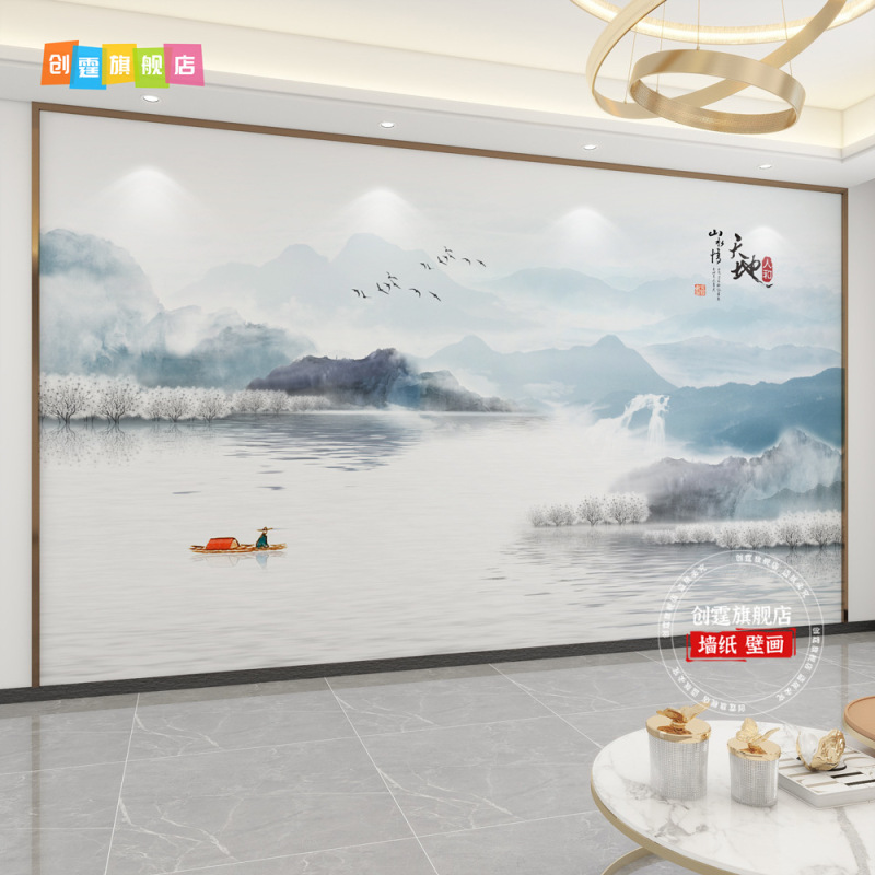 千里江山图电视背景墙壁布客厅新款中式壁纸3d立体壁画影视墙|undefined