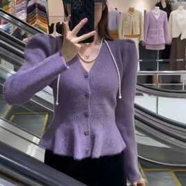 2025秋冬法式定制荷叶边针织开衫女百搭外搭亮丝毛衣短款修身外套