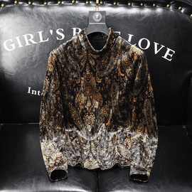 欧洲站潮牌个性印花半高领长袖t恤男士修身秋冬季德绒保暖打底衫