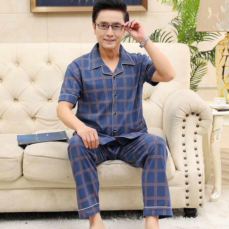 Verano de mediana edad y anciano papá 100% pijamas pantalones de algodón de manga corta de mediana edad cardigan traje
