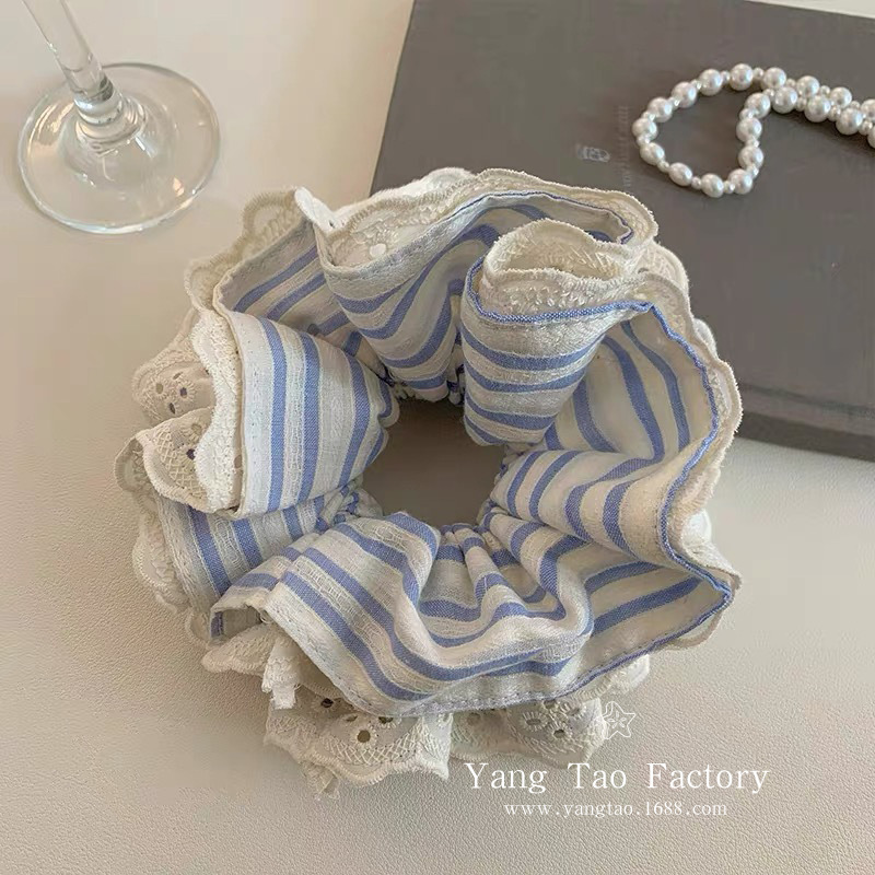 Encaje a rayas azul coreano, lazo para el cabello de intestino grueso de doble capa, temperamento, anillo de tela grande, accesorios para el cabello de bola en la parte posterior de la cabeza de las mujeres