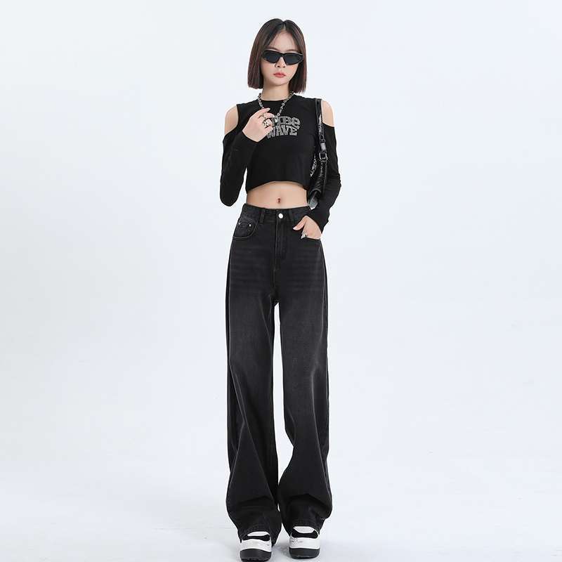 Wholesale Black and Gray High-Waisted Wide-Leg Jeans for Women, Autumn Loose Slimming Drape Straight Pants Wholesale Black and Gray High-Waisted Wide-Leg Jeans for Women, Autumn Loose Slimming Drape Straight Pants