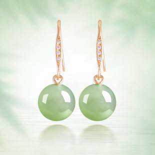 genuine goods S925 Silver Set Natural Hetian Jade Jasper Round Beads Jade Earrings Fashion Simple Women's Earrings Earrings
