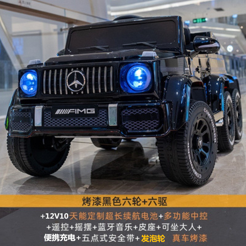Large six-wheel drive roasted black + 12v 10-day large battery music swing bluetooth leather seat + remote control + foam wheel