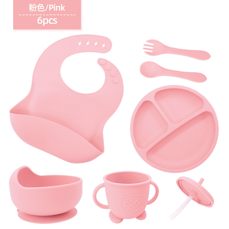 Vajilla de silicona para niños Juego de 6 piezas de silicona para bebés Tazón de alimentos complementarios separados Cuchara tenedor Taza para aprender a beber Juego de vajilla para madres y bebés