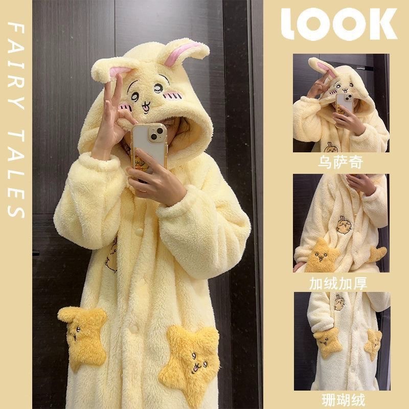 Милый коралловый велюровый зимний халат с капюшоном, тёплая pijama, комплект