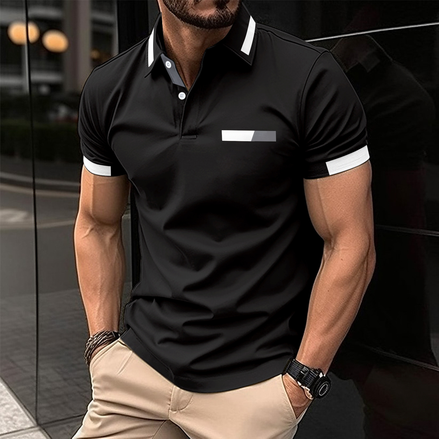 Amazon nuevo transfronterizo de los hombres de la camisa de polo ocasional pecho falso bolsillo solapa botón de negocios camiseta superior de los hombres