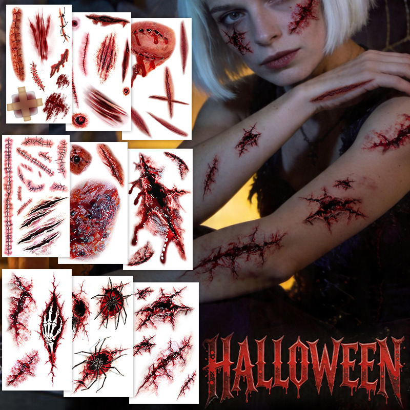 Cross-border Halloween Tattoo Sticker Skull Death Sickle Scar Bleeding Black Bat Tombstone South