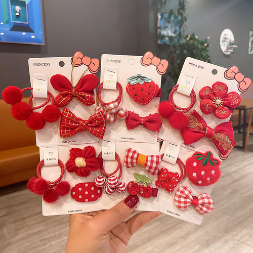 New Year's red festive children's cartoon hairpin with bow and flower edge clip for baby girl hair ball pair headband rubber band