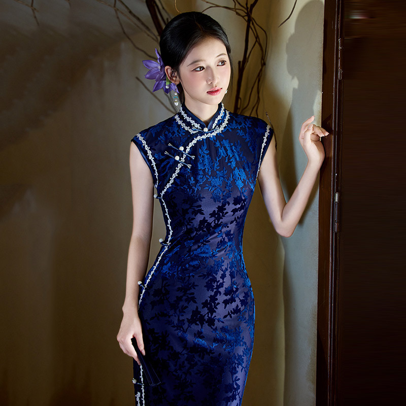 蓝色高级感无袖国风中式长款旗袍改良年轻款2025新款女复古晚礼服|undefined
