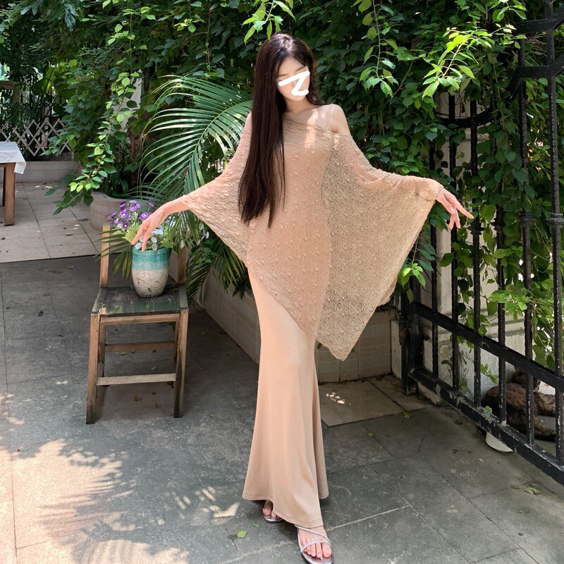 New Chinese-Style Irregular Sun-Protective Cape Shawl Paired with a Spaghetti Strap Dress for Women, Summer Slim-Fit Fishtail Long Dress