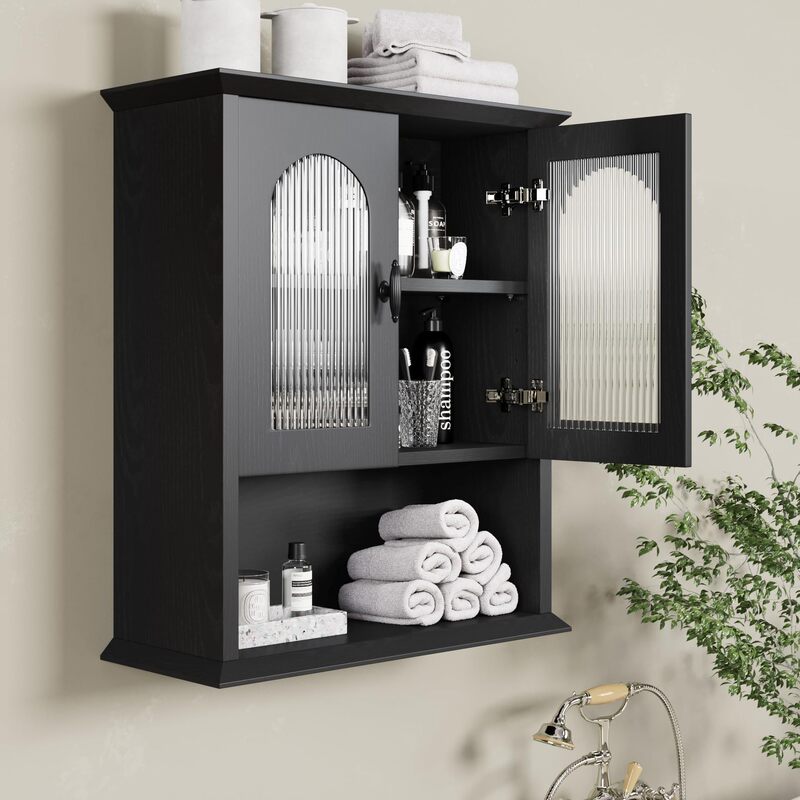 Bathroom Wall Cabinet with Slot Door Medicine Cabinet Toilet Storage Black Wall Hanging Acrylic Door Open Storage