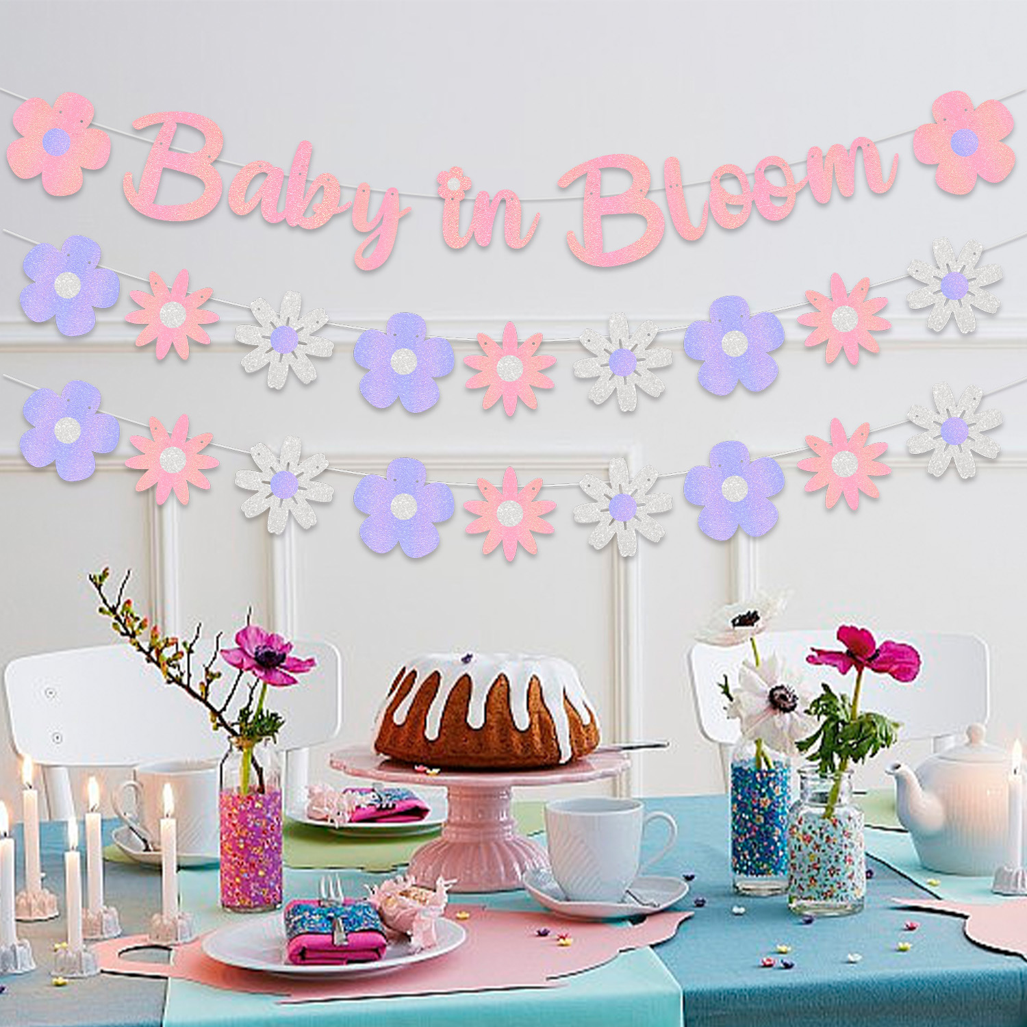 Nuevos productos transfronterizos para la decoración de la fiesta de bebés tira de banderas tema de primavera Baby Shower Party tira de flores tira de banderas