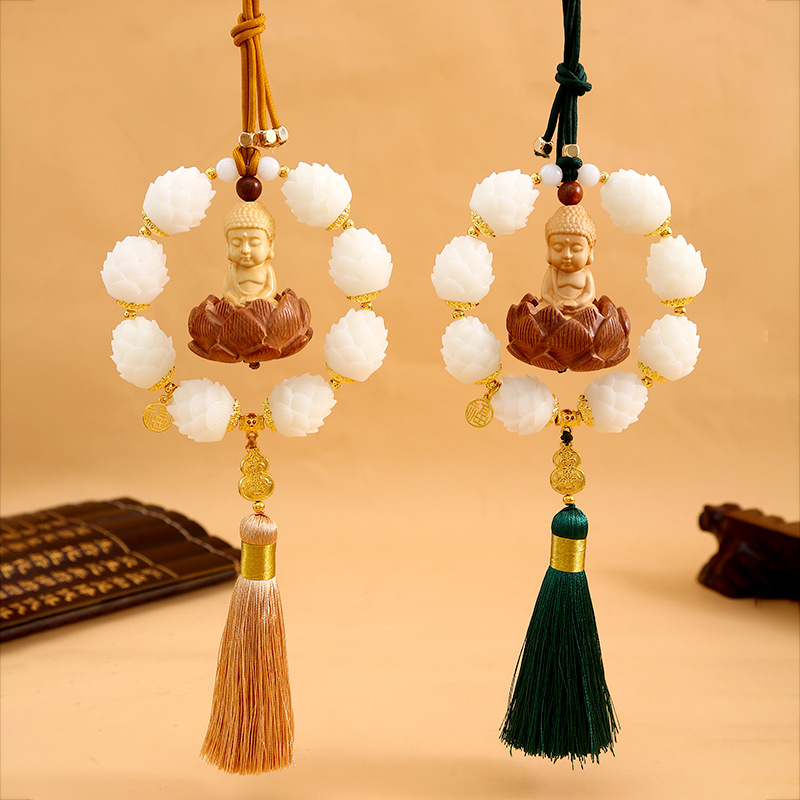 国风黄杨木小佛挂饰好运连连汽车挂件车载菩提莲花后视镜装饰用品