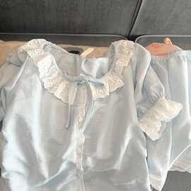 黁白女童可爱蓝色公主风睡衣中大童夏季新款花边短袖娃娃领甜美家