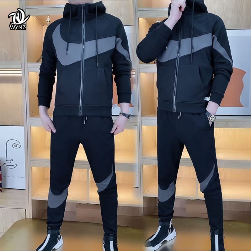 Moda de primavera y otoño para hombres, cómodo y transpirable de dos piezas, top de cuello alto con costuras, traje deportivo casual delgado coreano, guapo