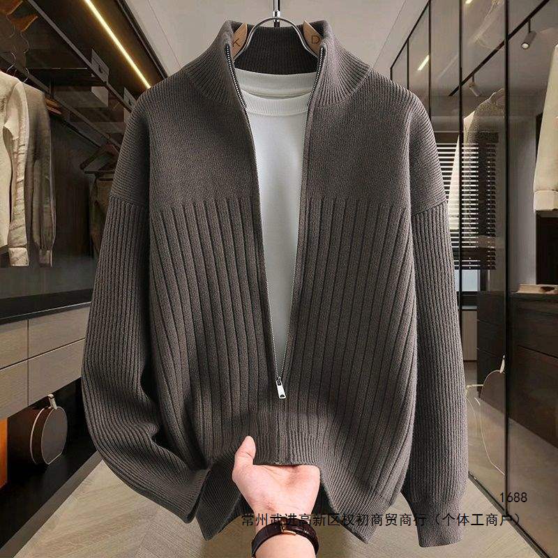 Solid color striped gentleman's slightly elastic stand collar knitted cardigan sweater men's autumn and winter business long-sleeved coat 1/2 piece