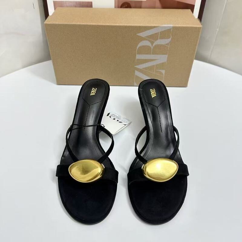 ZA Summer New 2025 High Heeled Women's Shoes Round Head with Metal Buckle Fashion Empty Sandals for Women