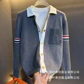 轻奢针织衫外套新款时尚2025潮流休闲翻领痞帅风男士百搭毛衣批发
