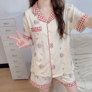 2026新款日系卡通仿棉睡衣女夏季短袖家居服甜美格子可爱套装批发