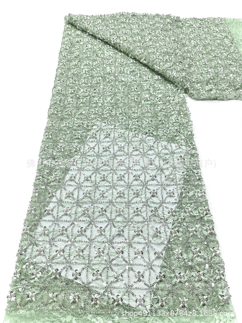 Blanco pesado clavos de cuentas sequinilla tela de encaje cuadrilátero cosido a mano perla sequinilla vestido tela