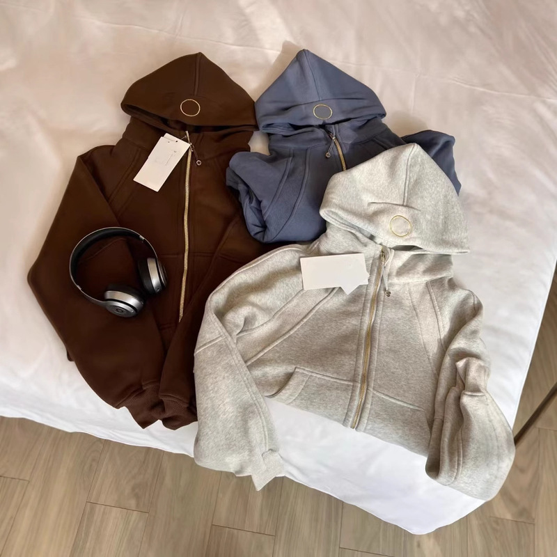 Pocket Logo/High-End Version/Sweatshirt with Gold Logo, Full Zip, Loose Fit, Fleece-Lined Jacket, Sports Casual Yoga Hooded Jacket