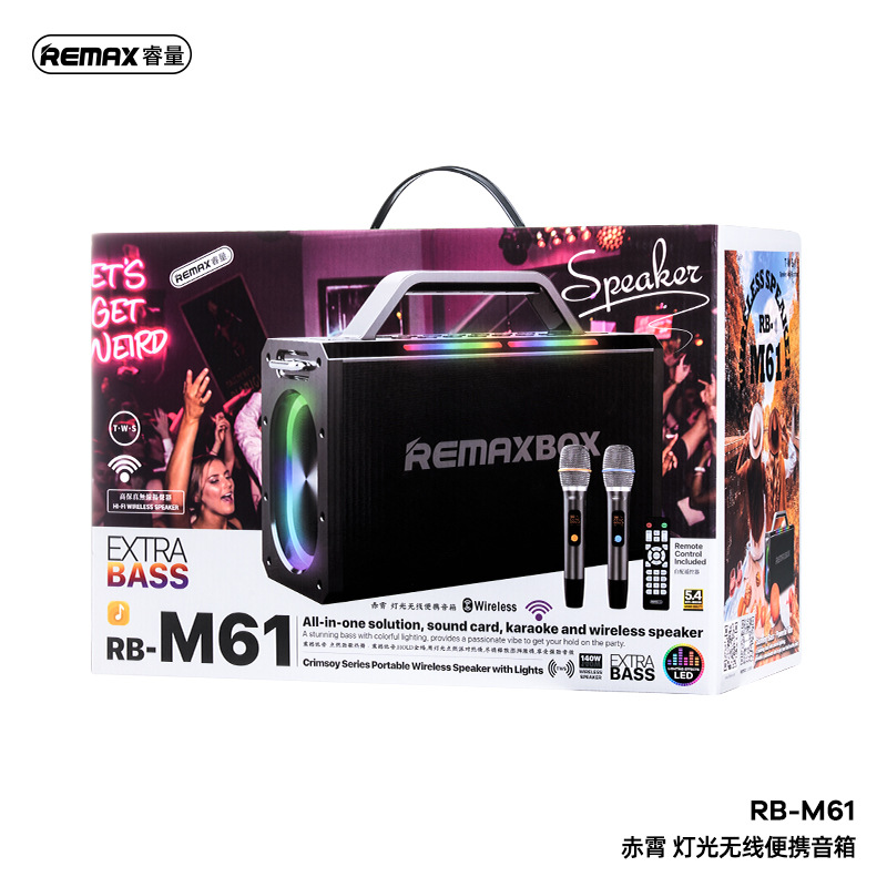 REMAX Chixiao Lighting 140W inalámbrico de alta potencia para exteriores con doble micrófono K canción altavoz Bluetooth subwoofer RB-M61