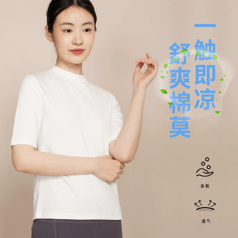 Оптовая продажа, весенне-летняя новая Женская Удобная хлопковая водолазка Mo с коротким воротом и 5-точечными рукавами, однотонный Стройный топ в Корейском стиле, уменьшающий возраст, со средним рукавом