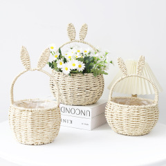 手提網紅兔子花籃兔耳朵紙繩子編織手提籃花店鮮花插花籃綠植籃子