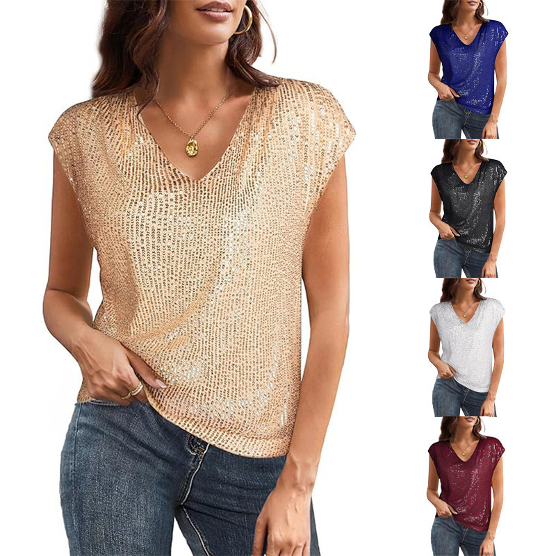 2026 New Cross-Border Foreign Trade Women's Summer Tops European and American Fashion V-Neck Batwing Sleeve Sequin Vest