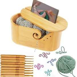 带盖子木制纱线碗实木椭圆形木制毛线碗木制纱线收纳碗毛线存储碗