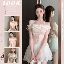 纯欲甜辣妹一字肩露肩小上衣女夏季芭蕾风蕾丝边鱼骨法式绝美短袖