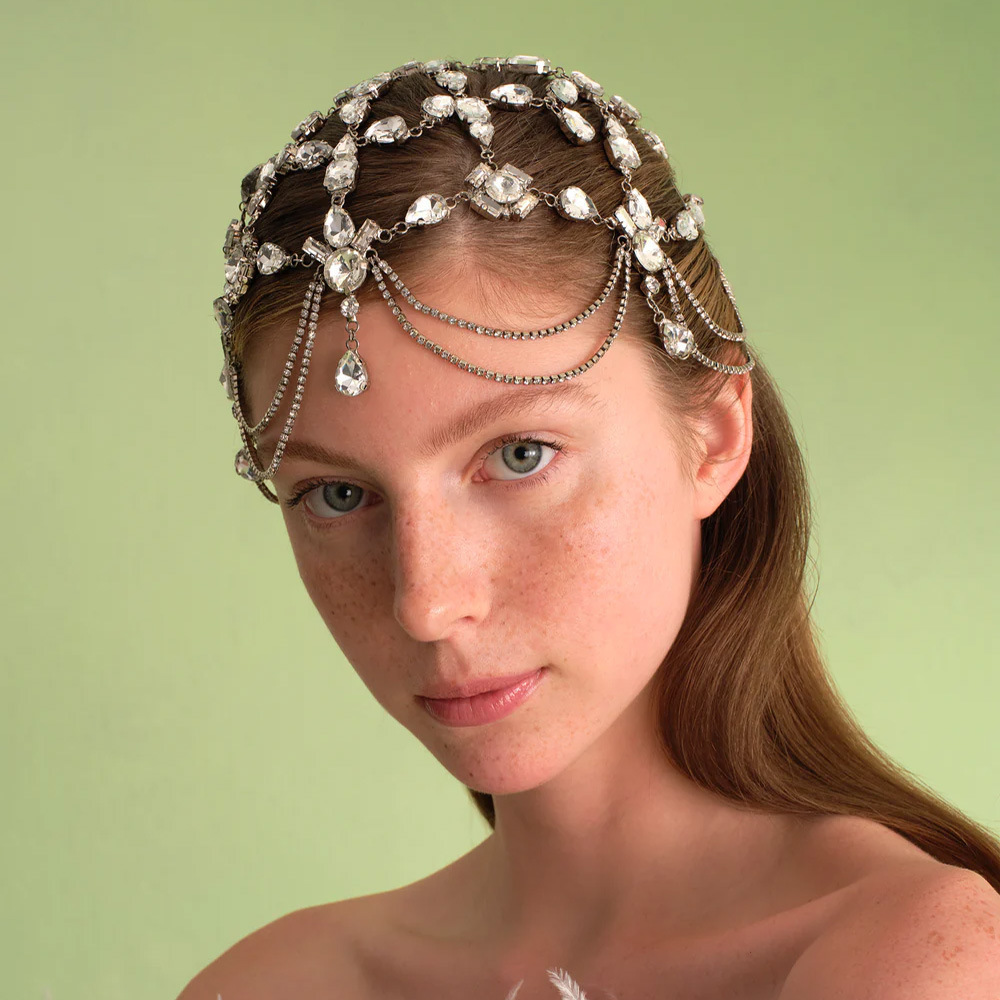 Amazon's New Multi-Layered Headwear Hat European and American Fashion Bridal Water Drop Rhinestone Hair Chain Hair Chain