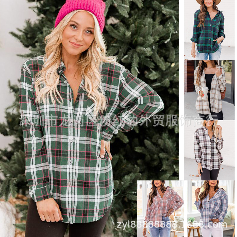 欧美爆款2022年eBay亚马逊秋季新款翻领口袋长袖格子衬衫薄外套女