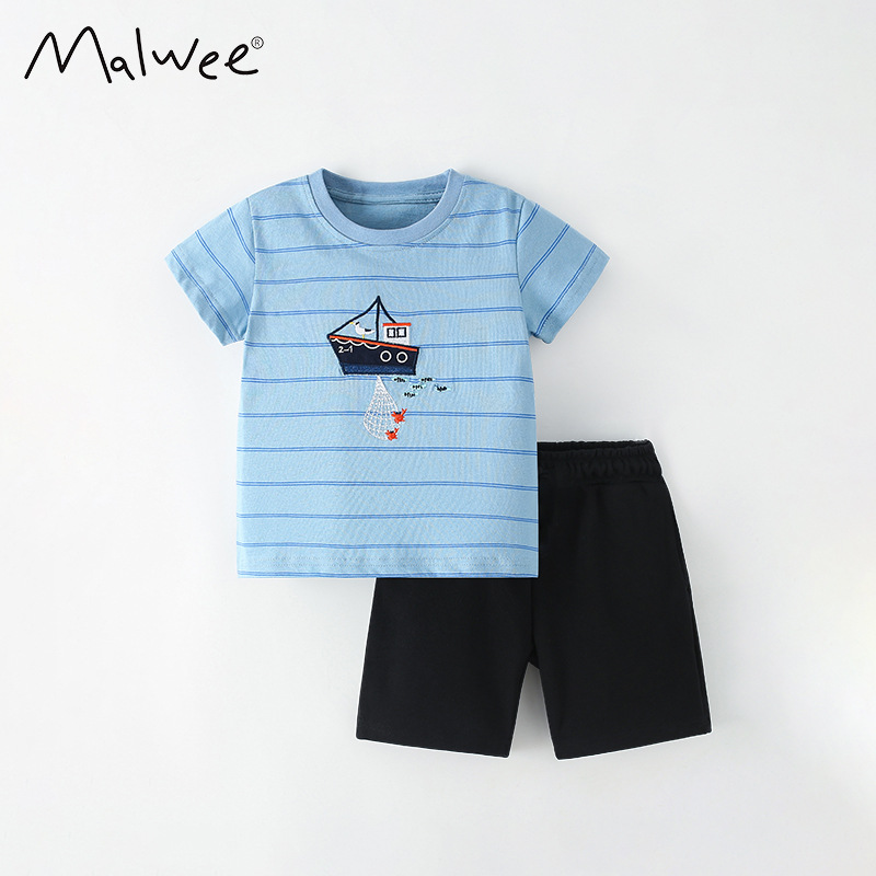 Malwee traje para niños verano nuevo top a rayas pantalones de cintura elástica traje de dos piezas casual para niños europeos y americanos