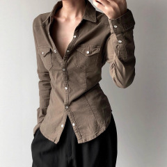 美式街头风复古口袋翻领拼接褶皱牛仔衬衫辣妹收腰显瘦休闲上衣