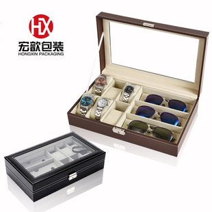 Factory Ready Stock Black Brown Pu Watch Glasses Case 6 Watch and 3 Grids Glasses Display Box Jewelry Packaging Box