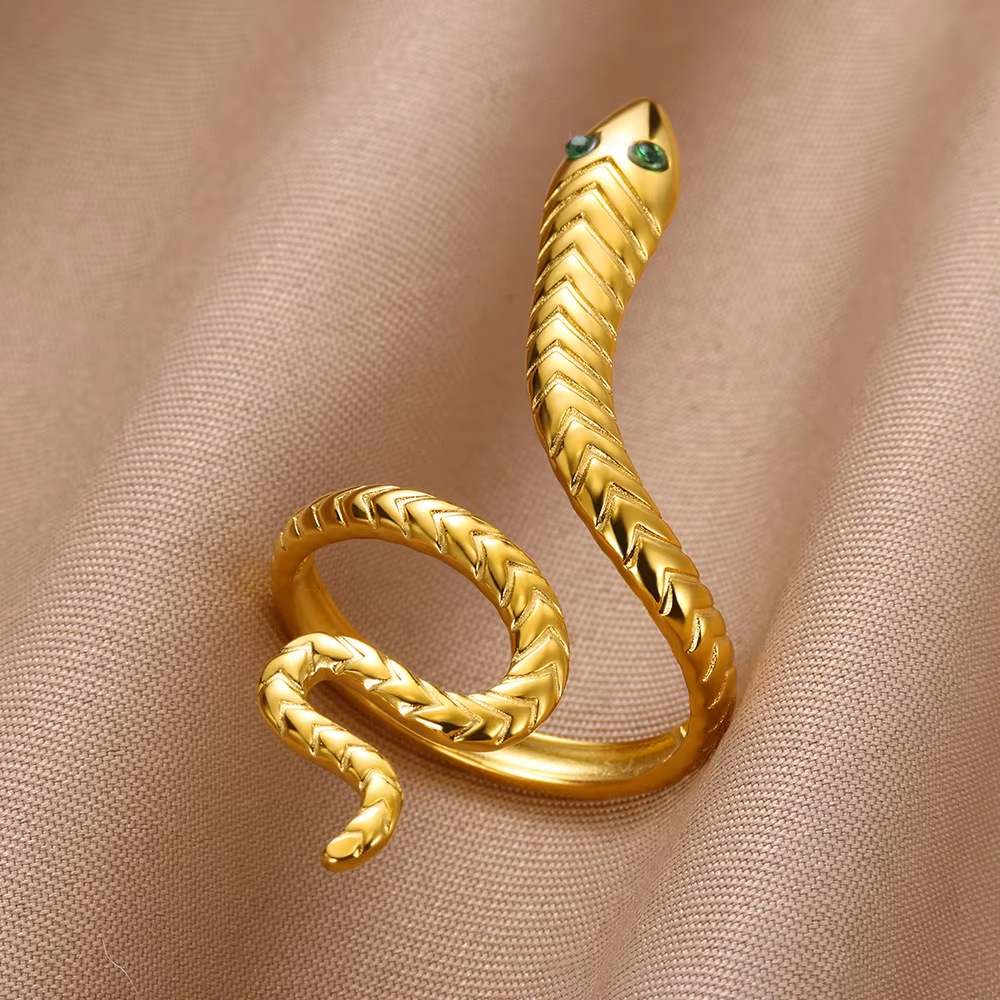 6g Weight 0.03µm Gold Plating Thickness PVD Coated Gold Plating Process 18K Real Gold Plated Plating Material Zircon Inlay Material Open Rings Classification 1 Piece Quantity Daily Occasion 304 Stainless Steel Material Snake Pattern All Seasons Season Unisex Gender Glam, Hip-Hop, Exaggerated Style Plating, Hypoallergenic Craft Glam Hip-Hop Exaggerated Snake 304 Stainless Steel Copper Plating Unisex Open Rings 7