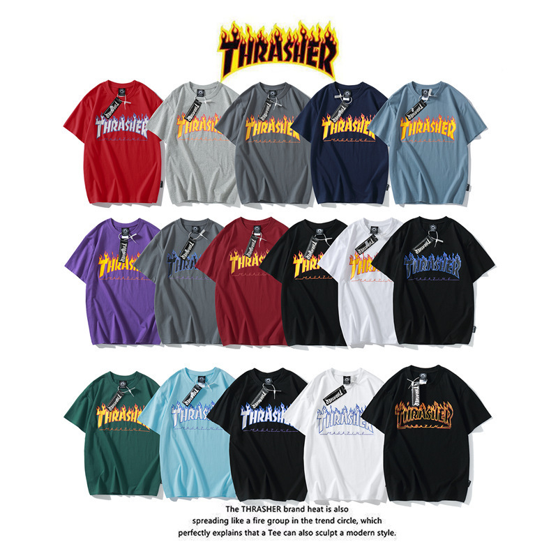 Cross-Border Supply 2024 Spring and Summer European and American Trendy Brand Thrasher Flame Letter Digital Printing Men's and Women's Short-Sleeved T-Shirts