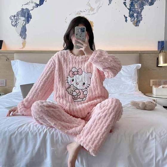 Kitten Home Clothes Coral Fleece Pajamas Women's Autumn and Winter Thickened Flannel Sweet Cartoon Cute Jacquard Warm suit