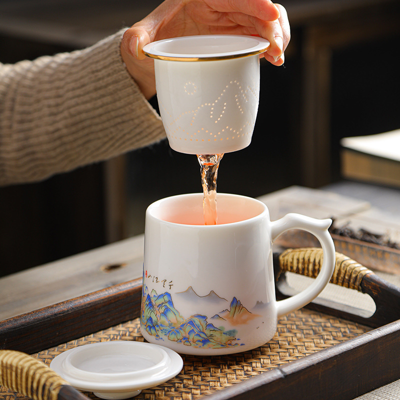 高档羊脂玉白瓷茶杯茶水分离办公杯陶瓷马克杯水杯泡茶杯定logo