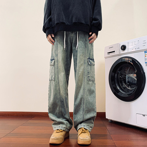 Vintage Yellow Clay Dye Drawstring Workwear Jeans for Men - Design-Focused, Elastic Waist, Loose Fit, Straight Leg, Casual Pants