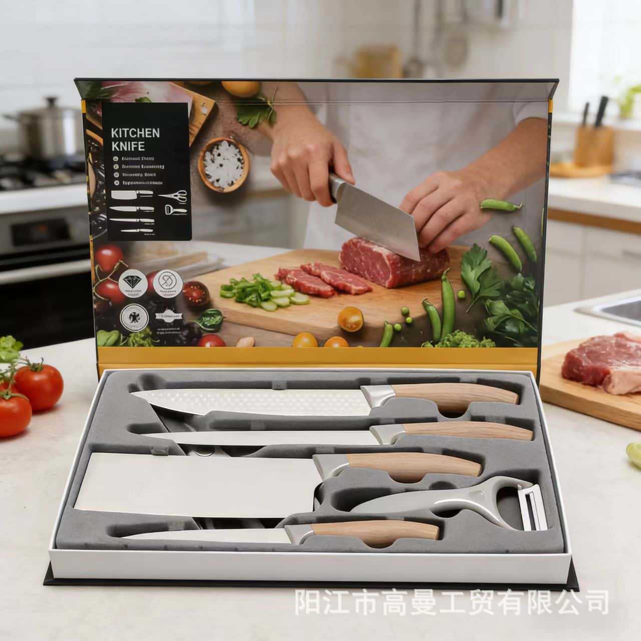 Comercio exterior de acero inoxidable al por mayor cuchillo de cocina conjunto de cuchillo de cuchillo con mango de grasa con tablero de verduras en caja hecha a mano cuchillo casero