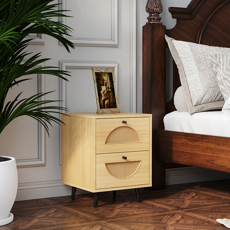 Mesa de noche de ratán simple moderno dormitorio mesita de noche pequeño gabinete de almacenamiento color madera mesita de noche