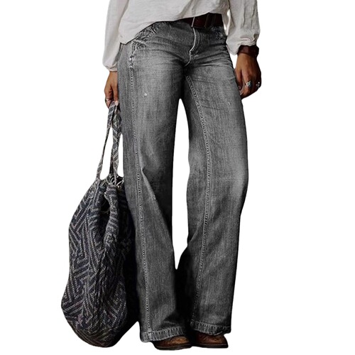 Vintage Distressed Mid-rise Women's Straight Leg Wide Leg Pants with Flare Floor-Length Pants for Women