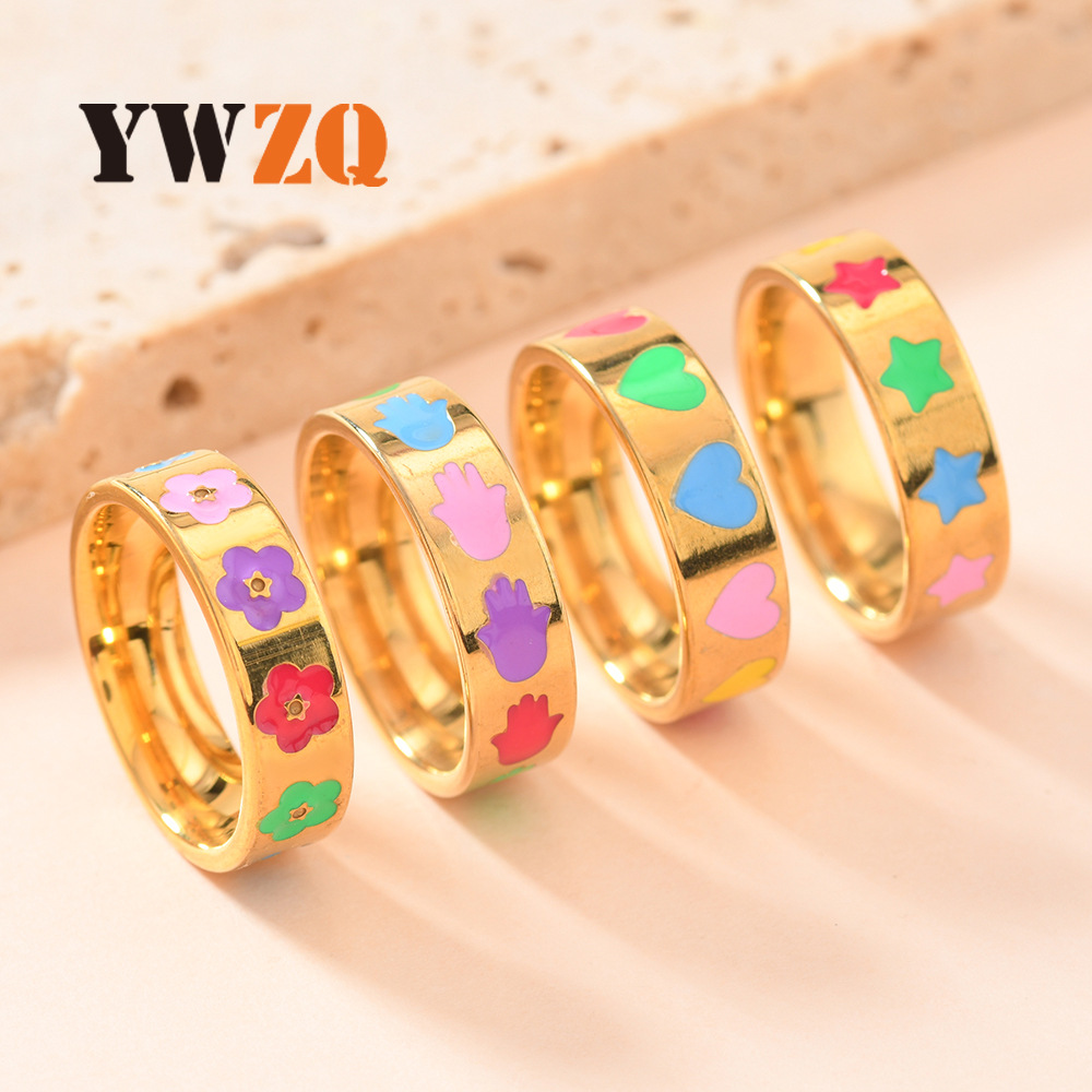 Joyas de acero de titanio creativas bonitas flores de oro gota de aceite de color amor anillo de acero inoxidable fabricantes de mujeres image 1