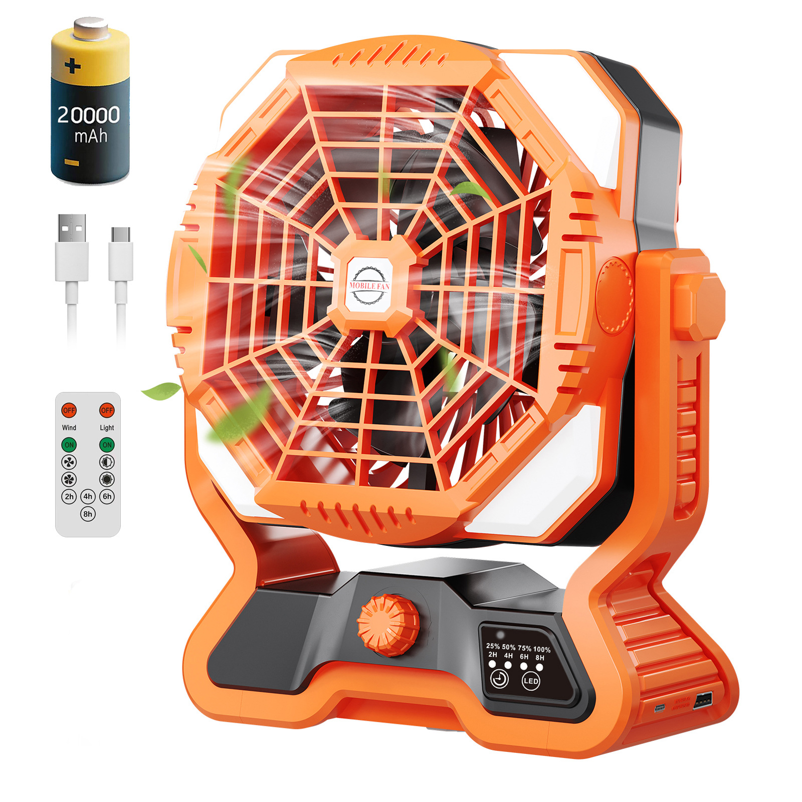 Ventilador de Tienda de Campaña con Control Remoto de 8 Aspas con Batería de Emergencia e Iluminación