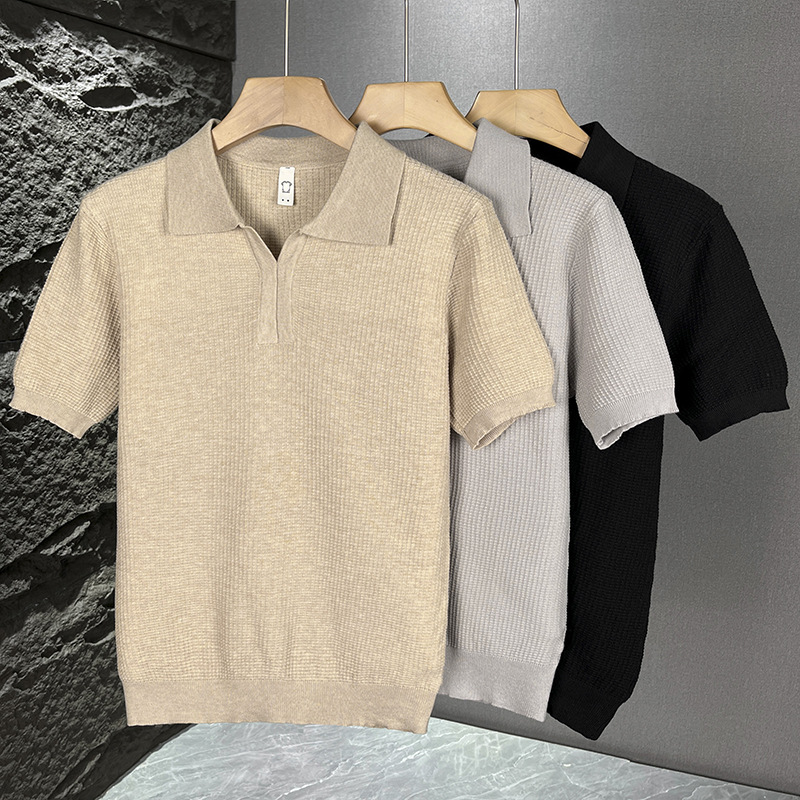 Polo camiseta de punto camiseta de manga corta camiseta hombre cuello en V cuello gaviota sensación de textura viejo dinero viento hielo seda fábrica transfronteriza al por mayor