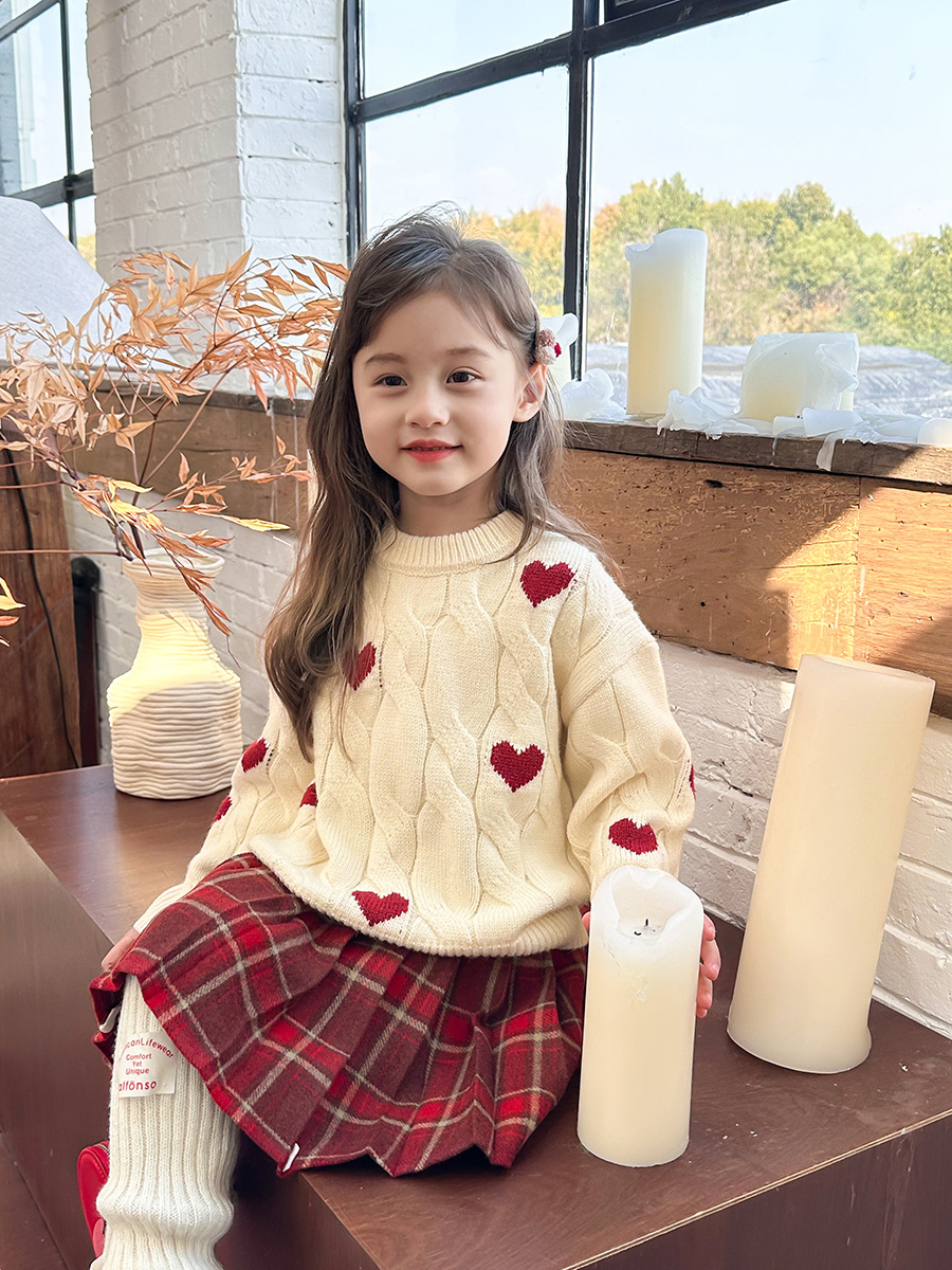 aimo beibei girls‘ sweet loving heart sweater children‘s high quality roland velvet inner wear outer wear twist knitted top